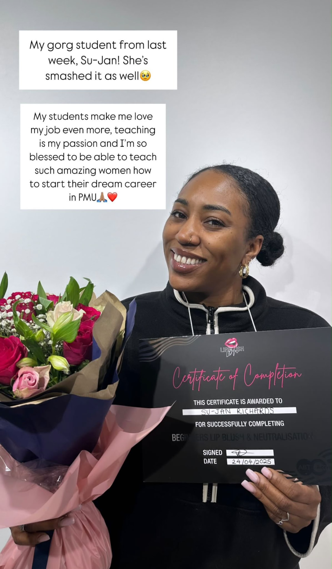 Student with her certificate and roses