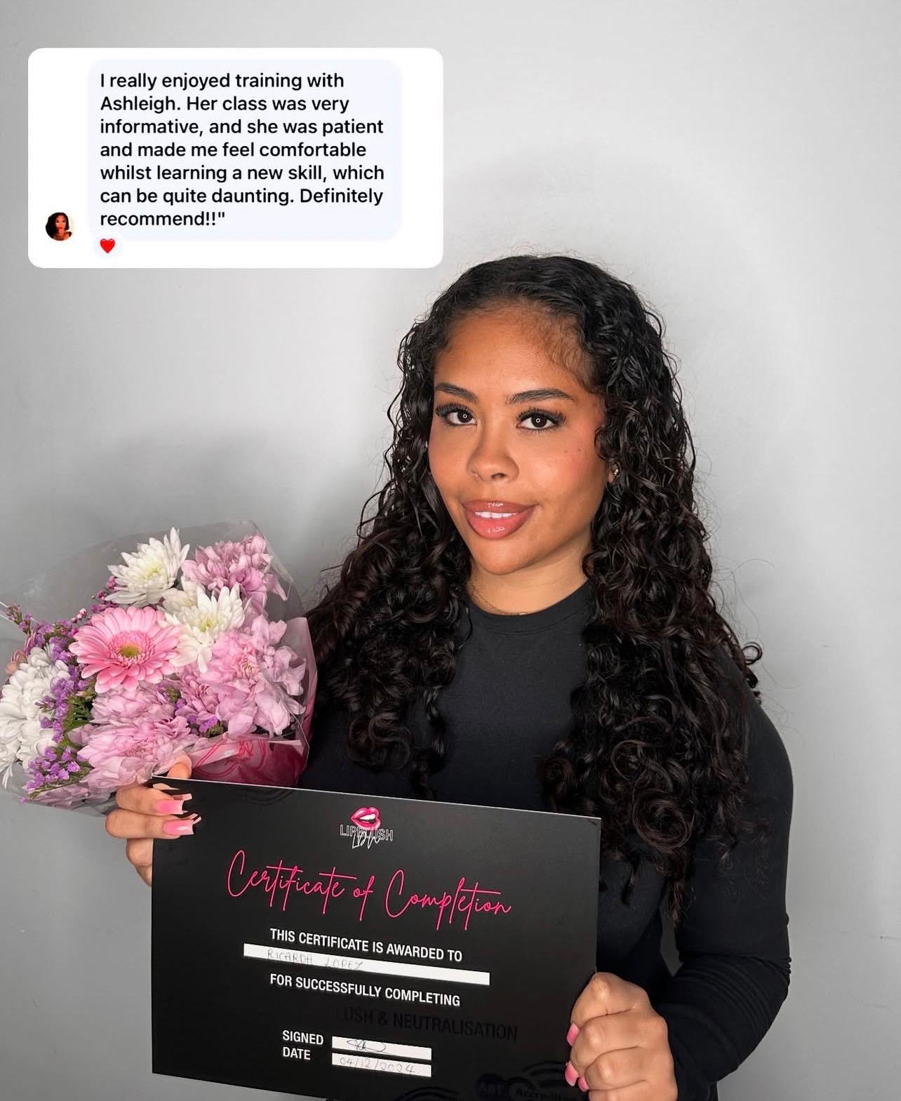 Ricarda holding her certificate and flowers, with her review written on the picture